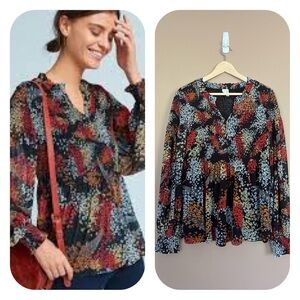 {Akemi + Kin} Anthropologie Adria Long Sleeve Smocked Floral Blouse - Large